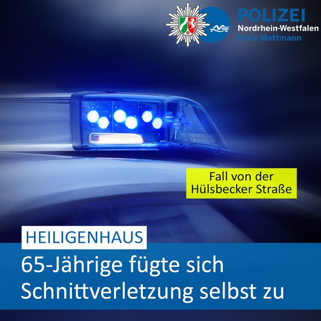 Eine 65-Jährige fügte sich selbst am Hals eine Schnittverletzung zu. Der Vorfall ereignete sich am 17. März 2025 in Heiligenhaus.