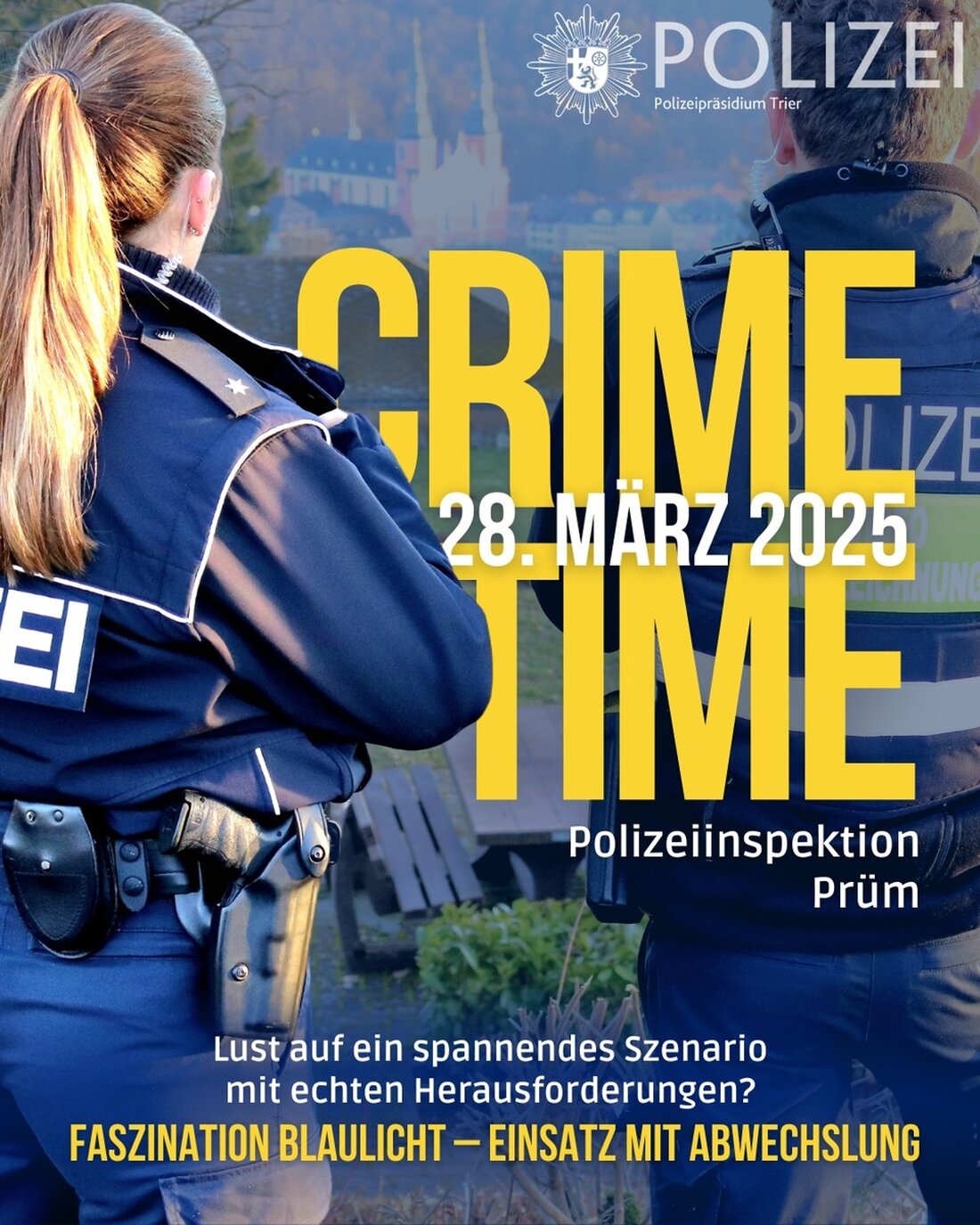 Erlebe den Streifendienst hautnah! Am 28. März 2025 lädt die Polizei Prüm junge Interessierte zum Mitmachen ein.