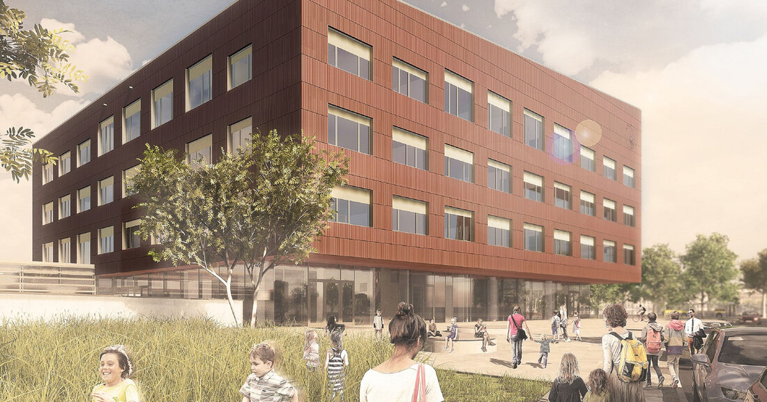Baustart für einen Bildungscampus in Leipzigs Südwesten In Leipzig-Großzschocher entsteht an der Arthur-Nagel-Straße/ Martin-Herrmann-Straße ein Bildungscampus. Er wird künftig aus einem Kindergarten, einer Grundschule und einer Dreifeldsporthalle bestehen. Für die dazu gehörige Grundschule haben Bürgermeisterin Vicki Felthaus und Bürgermeister Thomas Dienberg am 14. Oktober 2022 den Grundstein gelegt. © Woltereck Fitzner Architekten Durch den Neubau entsteht an der Einmündung Dieskaustraße/ Arthur-Nagel-Straße städtebaulich eine neue Platzsituation als Eingang für das Wohngebiet Großzschocher. Das Gebäude der fünfzügigen Grundschule und Hort für rund 740 Kinder wird die bereits dort ansässige 120. Grundschule ersetzen. Das gesamte Schulgebäude und die neue Dreifeld-Sporthalle werden barrierefrei errichtet. …