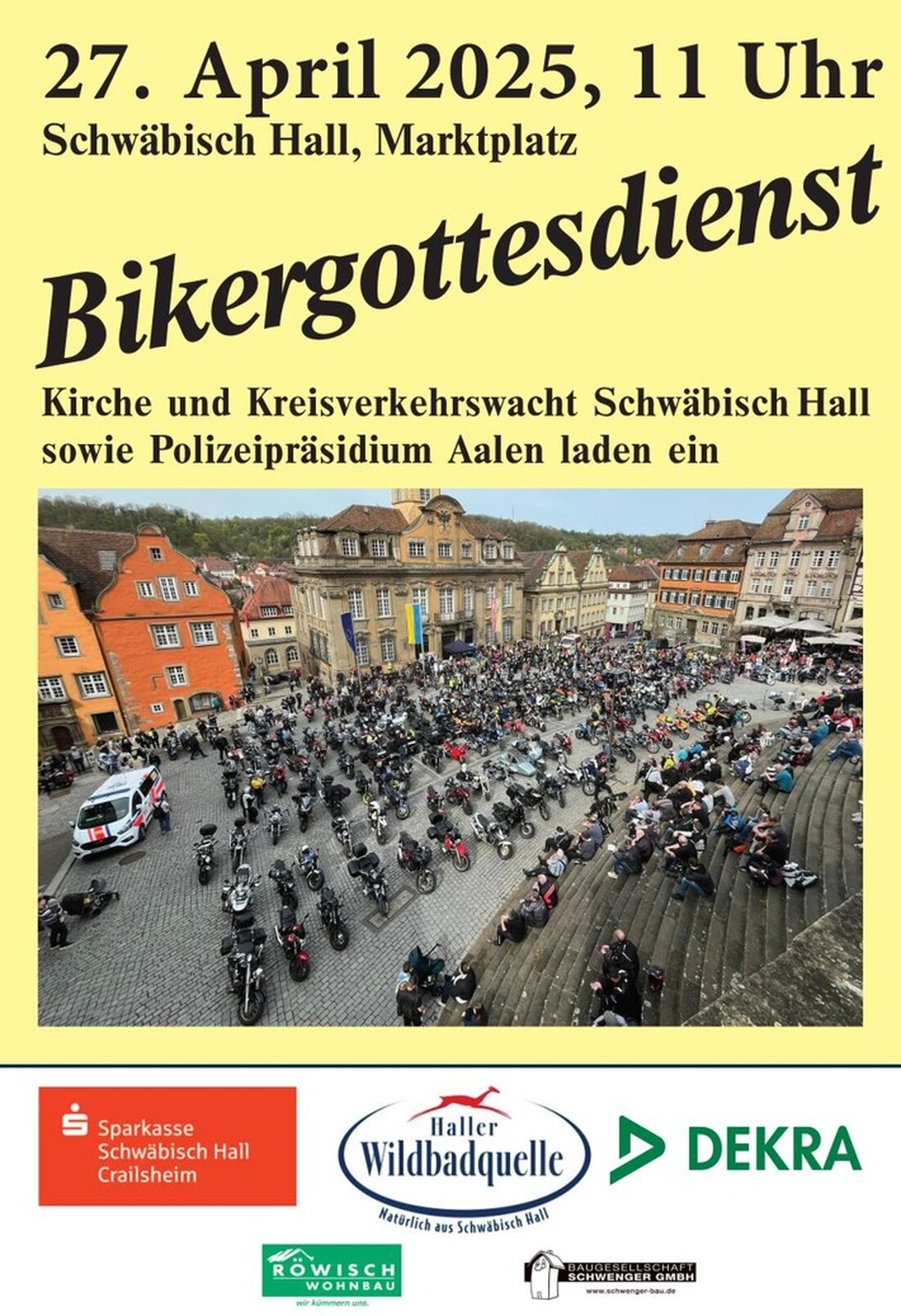 Am 27. April 2025 findet in Schwäbisch Hall der Biker-Gottesdienst statt, der auf Sicherheit und Gemeinschaft ab Ziele.