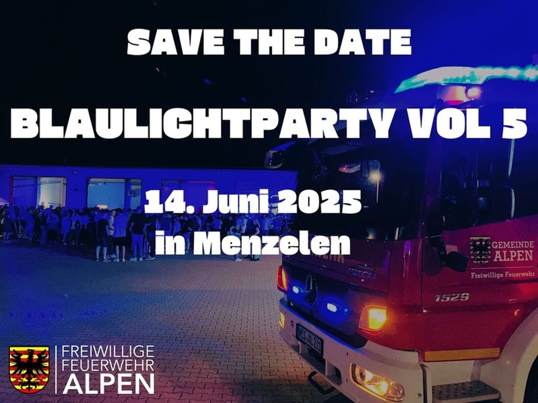Am 14. Juni 2025 lädt die Freiwillige Feuerwehr Alpen zur Blaulichtparty Vol 5 ins Menzelener Gerätehaus ein. Merken Sie sich den Termin vor!