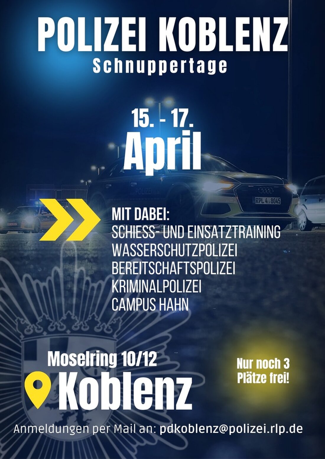 Erlebe die Polizei Koblenz hautnah! Sichere dir einen letzten Platz bei den Schnuppertagen vom 15.-17. April 2025.