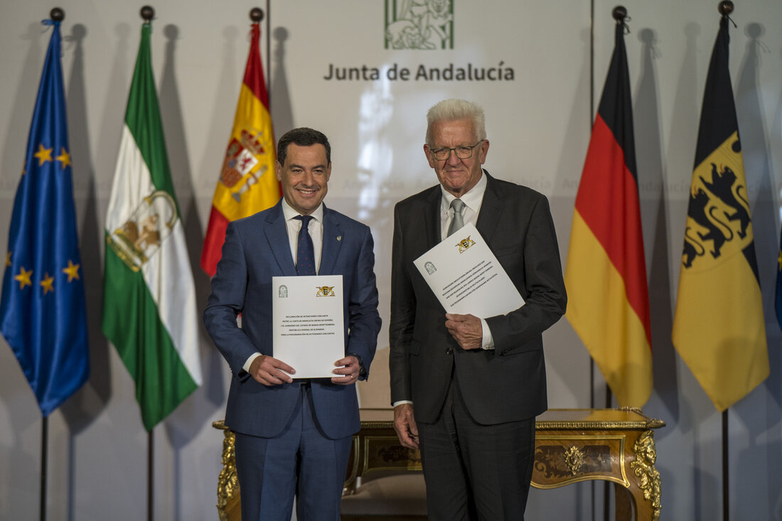 Stärkung der Partnerschaft bei der Energiewende: Ministerpräsident Kretschmann unterzeichnet Absichtserklärung in Andalusien Ministerpräsident Winfried Kretschmann ist für eine dreitägige Delegationsreise nach Andalusien und Katalonien gereist, um die Partnerschaft bei der Energiewende zu stärken. Bei der Auftaktstation in Andalusien unterzeichnete Kretschmann gemeinsam mit dem Präsidenten der Regierung, Juan Manuel Moreno Bonilla, eine Absichtserklärung für eine Klima- und Energiepartnerschaft. Die Reise, an der eine rund 50-köpfige Delegation teilnahm, hat das Ziel, die Zusammenarbeit bei Themen wie grünem Wasserstoff und „reFuels“ zu vertiefen. Andalusien bietet mit seiner Sonnen- und Windkraft ausreichend Potenzial für die Produktion und den Export von grünem Wasserstoff. Grüner Wasserstoff …