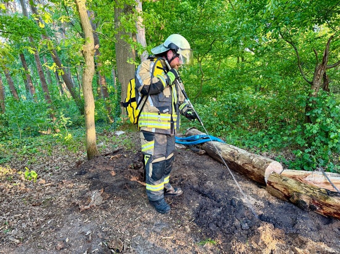 Freiwillige Feuerwehr Hünxe löscht glimmenden Baum in Drevenack. Einsatz am 4. Mai 2025 nach Meldung von Spaziergängern.