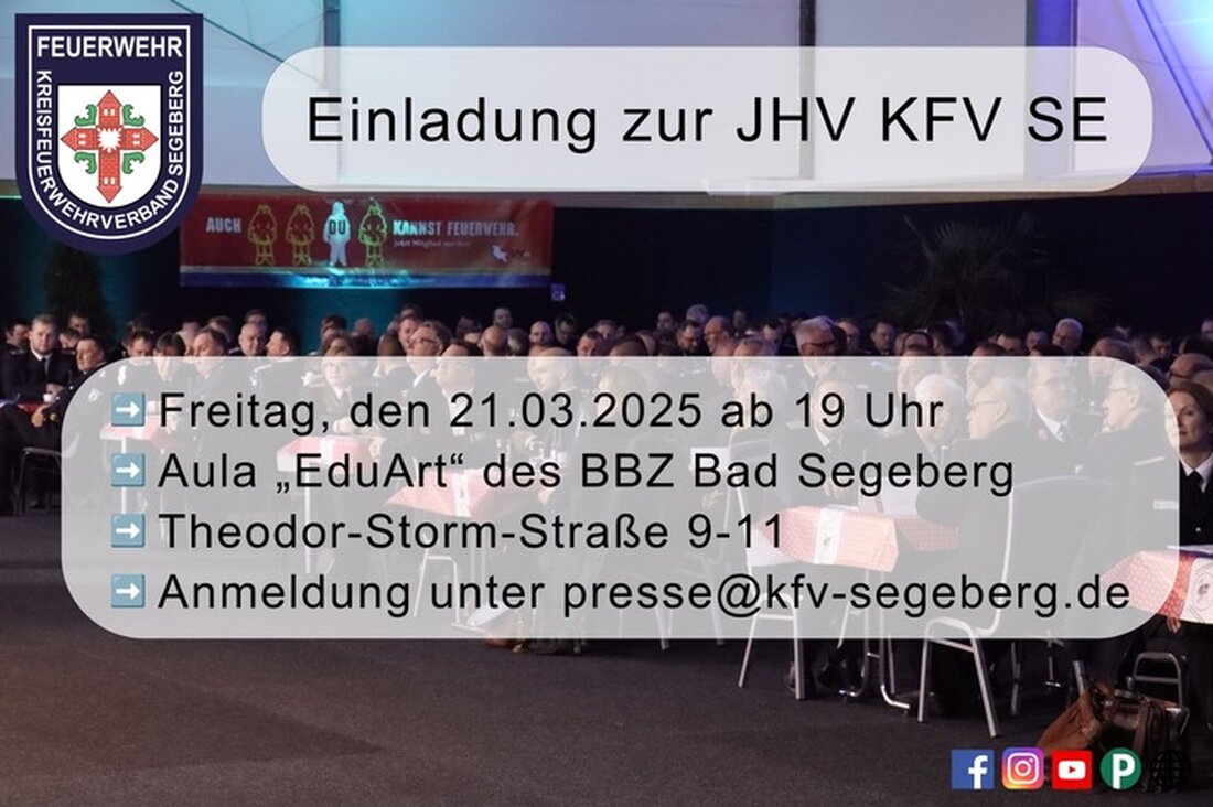 Der Kreisfeuerwehrverband Segeberg lädt Pressevertreter zur Jahreshauptversammlung am 20.03.2025 im BBZ Bad Segeberg ein.