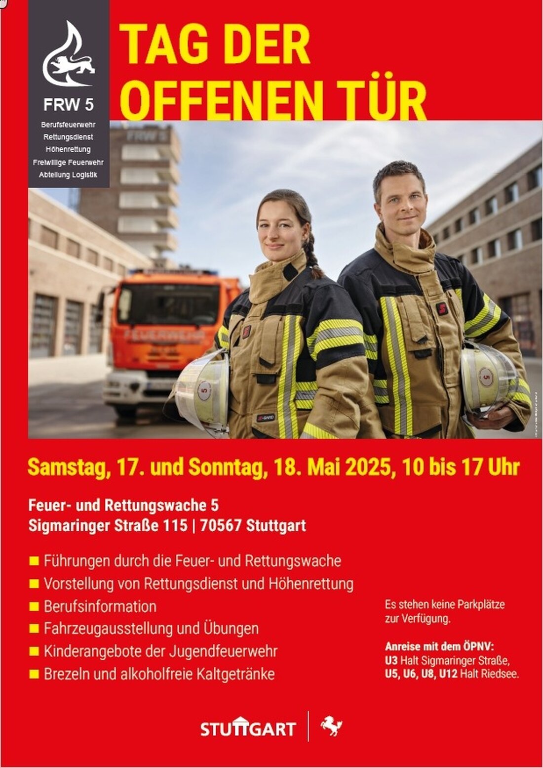Die Feuerwehr Stuttgart lädt am 17. und 18. Mai 2025 zum Tag der offenen Tür in die neue Feuer- und Rettungswache 5 ein. Besuchen Sie Führungen, Vorführungen und Mitmachaktionen für Jung und Alt.