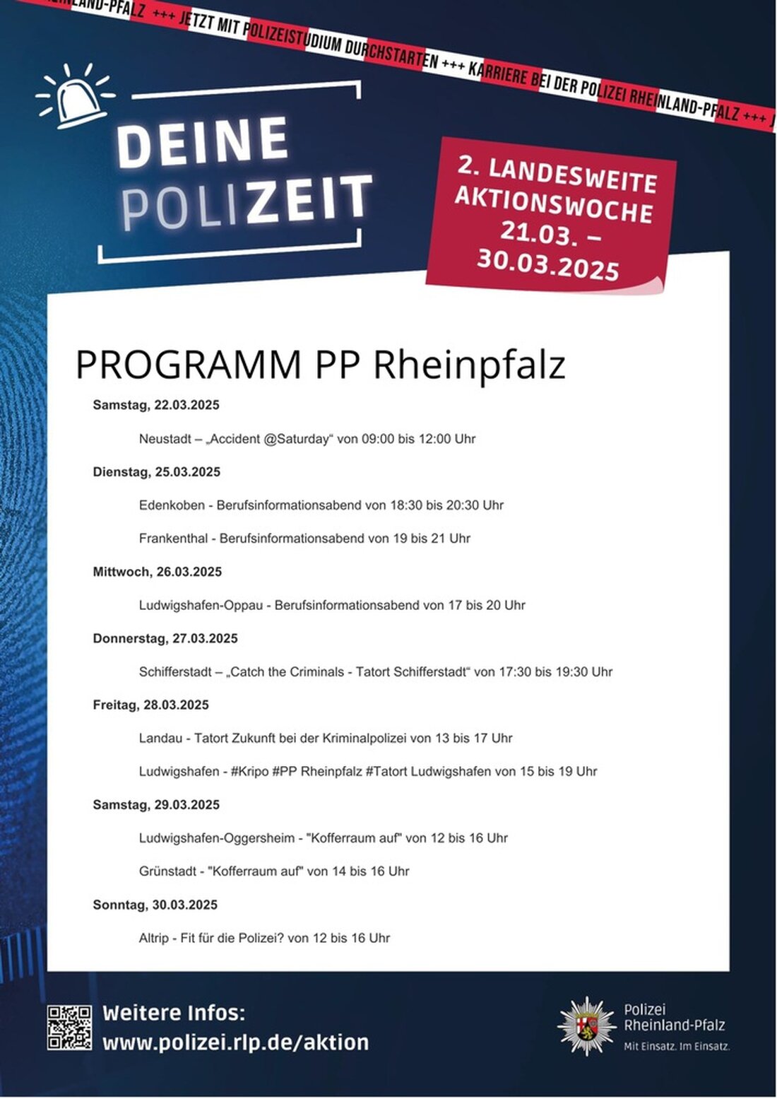 Erlebe vom 21. bis 30. März 2025 den Polizeiberuf hautnah in Rheinland-Pfalz. Informiere dich und nimm an spannenden Events teil!