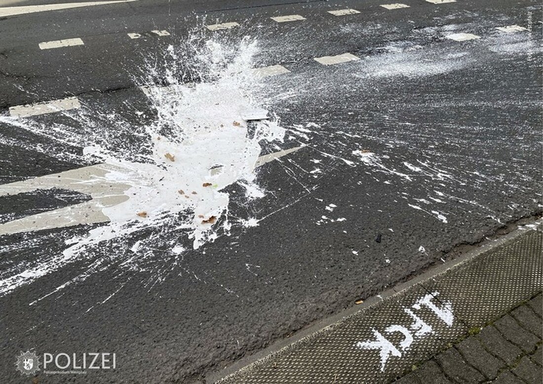 Ein Eimer mit weißer Farbe wurde in der Ludwigstraße auf die Fahrbahn geworfen, was die Straße stark verschmutzte. Die Polizei ermittelt.
