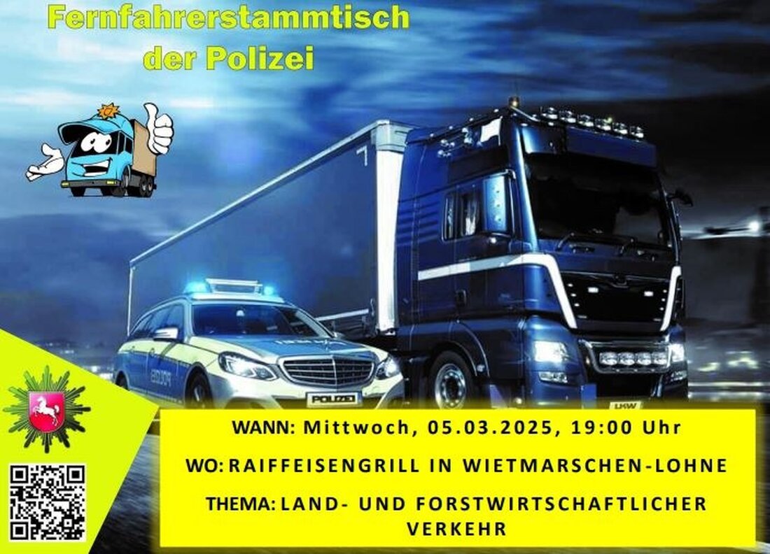 Am 5. März, 19:00 Uhr, lädt die Polizei zu einem offenen Fernfahrerstammtisch in Wietmarschen-Lohne ein. Thema: Landwirtschaftlicher Verkehr.