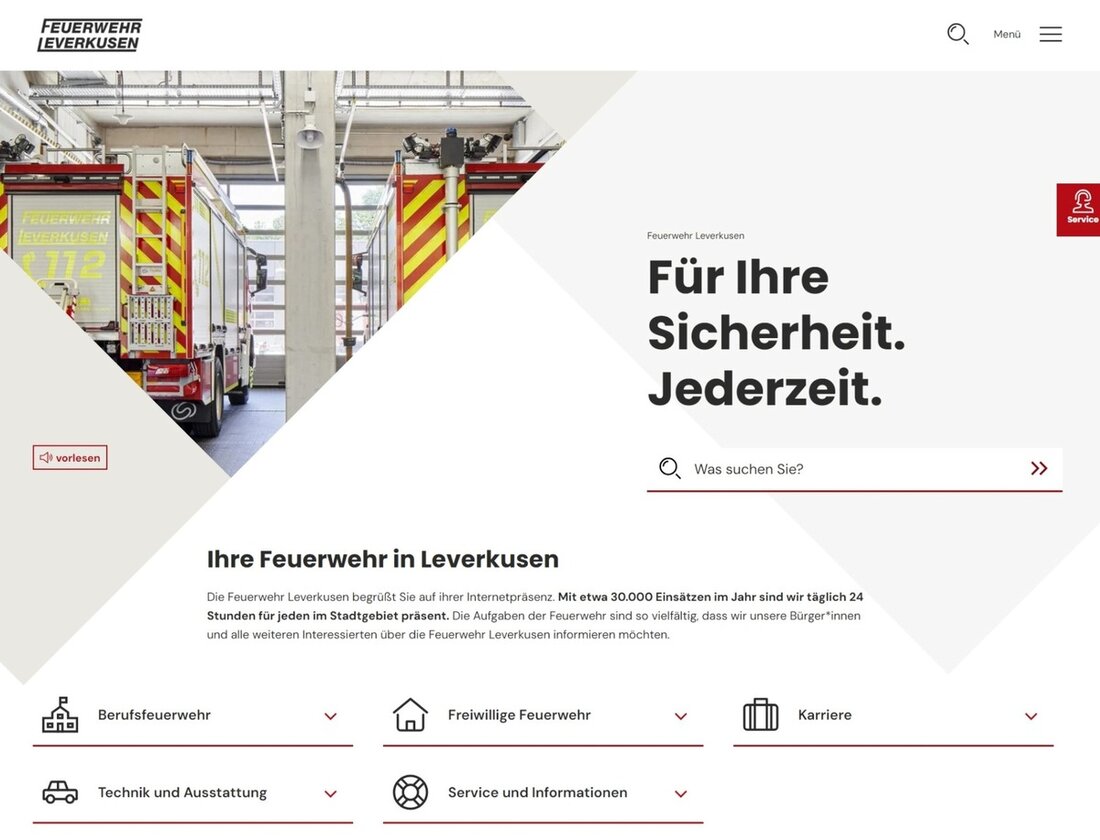 Die Feuerwehr Leverkusen präsentiert ihre moderne Webseite mit Infos zu Technik, Fuhrpark und Karrieremöglichkeiten.