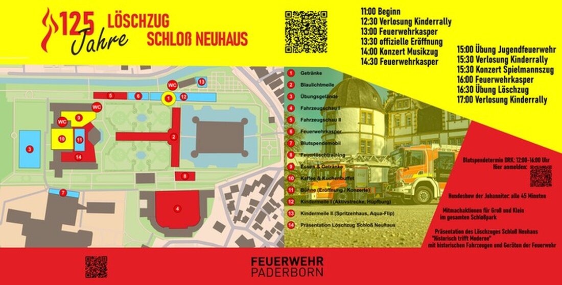 Die Feuerwehr Paderborn feiert 150 Jahre und der Löschzug Schloß Neuhaus 125 Jahre mit Festveranstaltungen am 10.05. in Schloß Neuhaus.