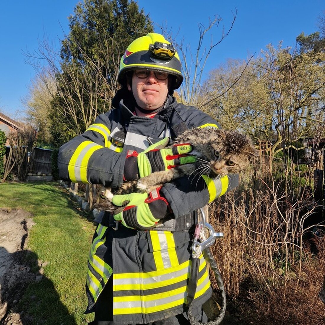 Die Freiwillige Feuerwehr Fredenbeck rettete erfolgreich eine Katze aus einem Baum, unterstützt von einem Landwirt mit Teleskoplader.