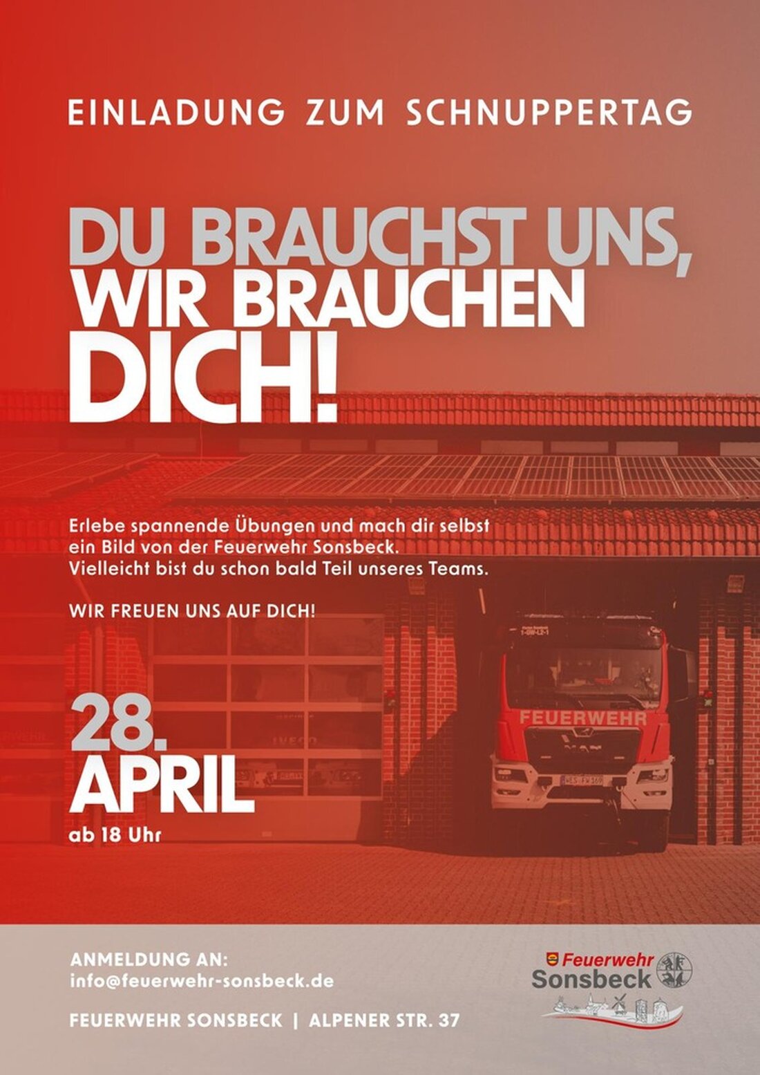 Die Freiwillige Feuerwehr Sonsbeck lädt am 28. April 2025 ab 18 Uhr zum Schnuppertag ein. Interessierte Bürger sind willkommen!