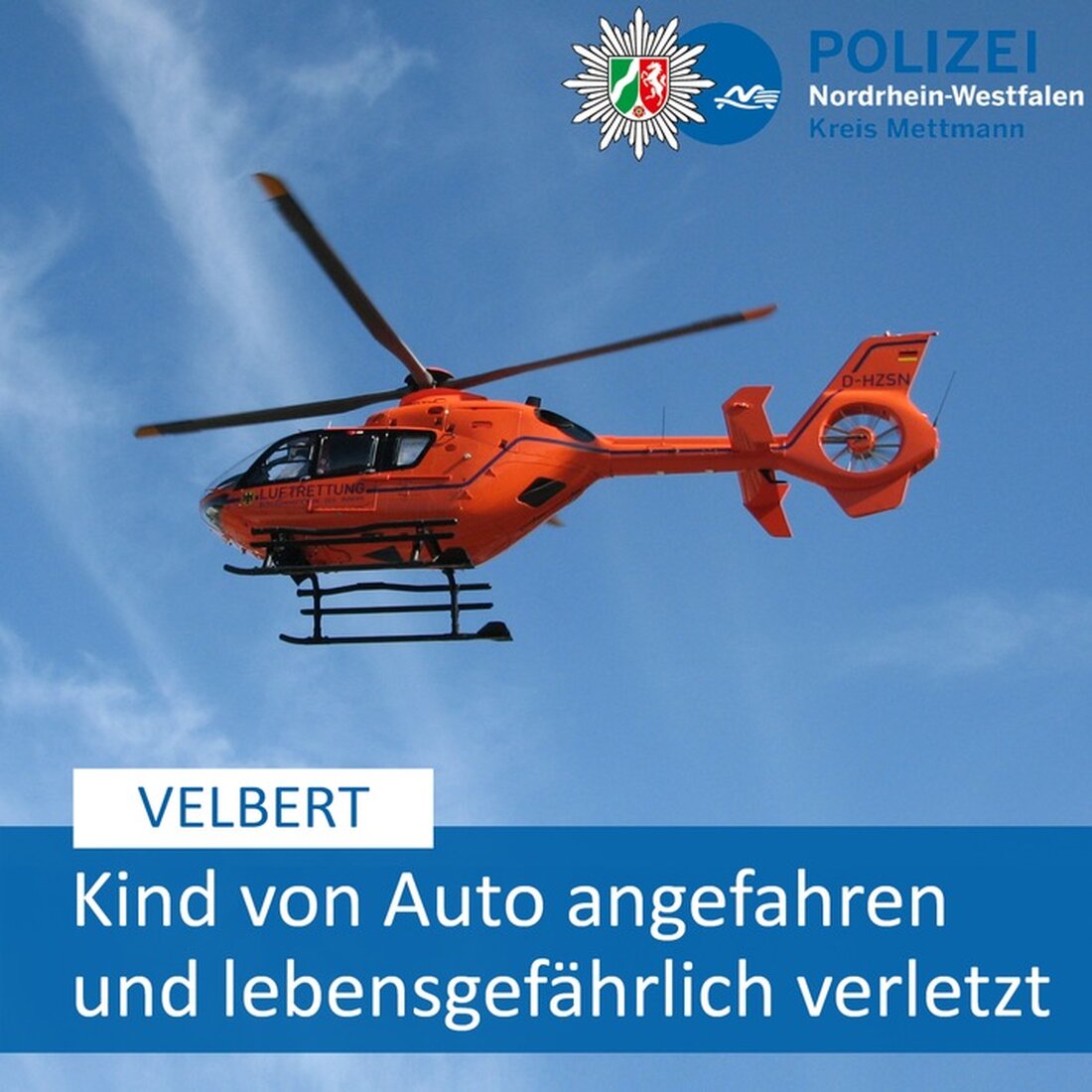 Ein fünfjähriges Mädchen wurde in Velbert bei einem Verkehrsunfall schwer verletzt. Erste Hilfe wurde geleistet, das Kind wird intensivmedizinisch behandelt.