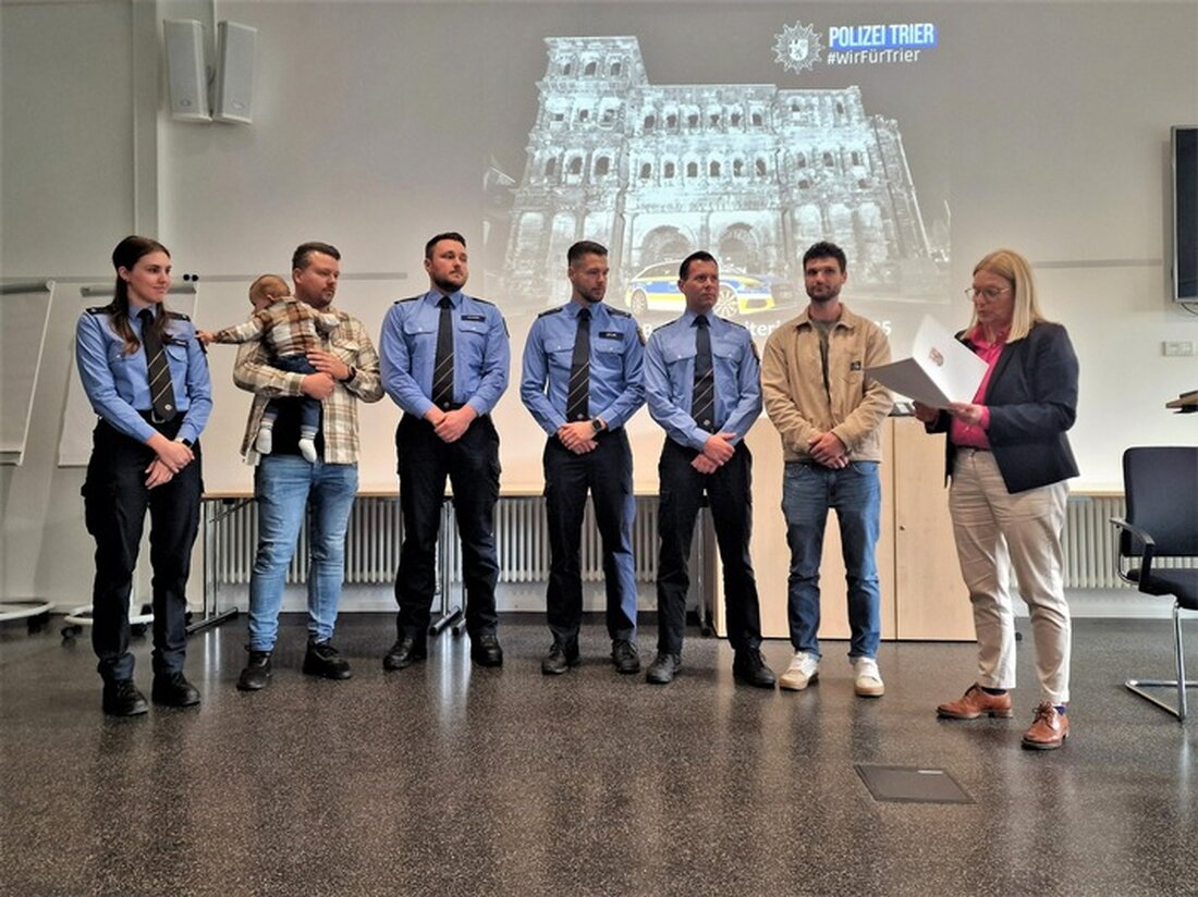 Anja Rakowski ehrte am 1. April 2025 sechs Polizeibeamtinnen und -beamte für ihren mutigen Einsatz zum Schutz von Leben in Trier.
