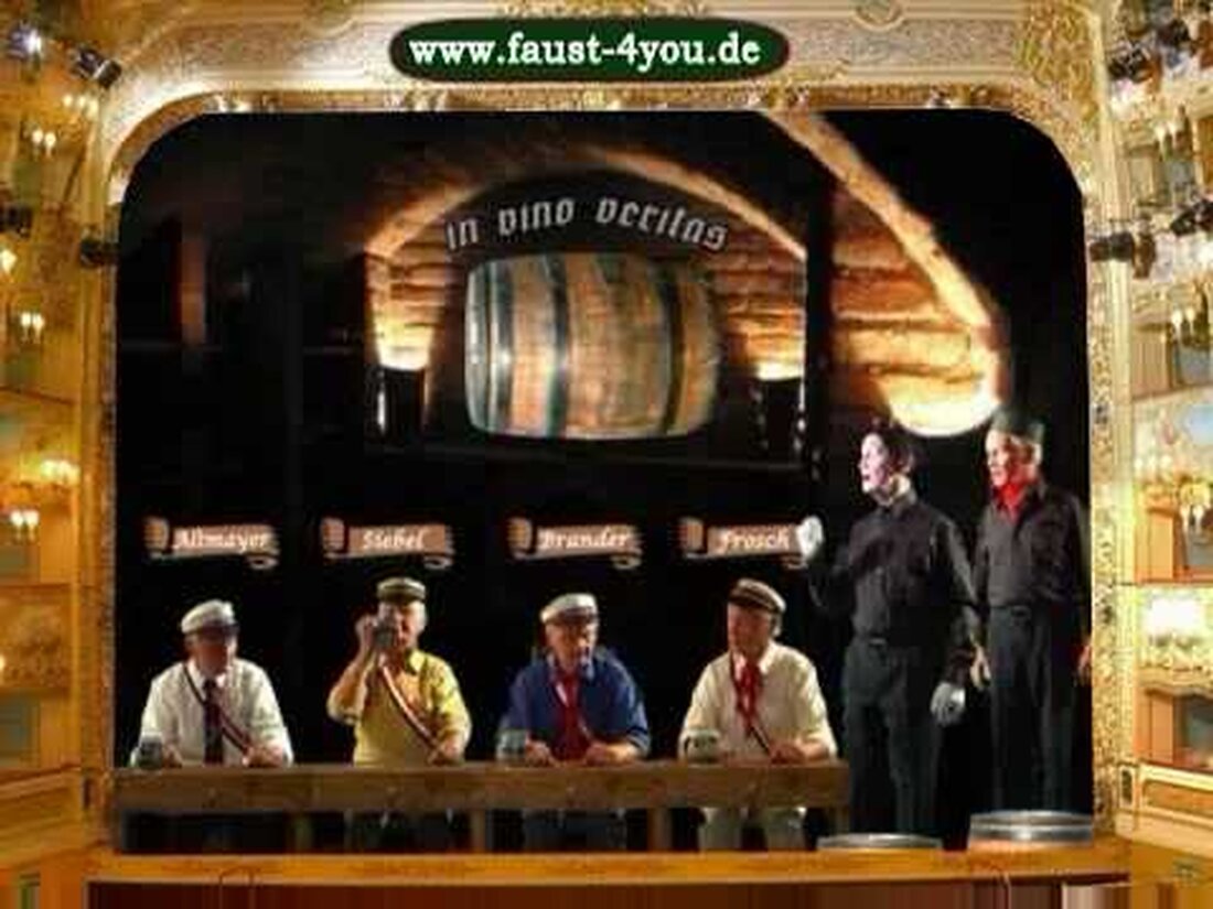 In der historischen Studentenkneipe in Leipzig, in der Goethe selbst während seiner Studienzeit war, trinken und machen die Studenten Frosch, Brander, Siebel und Altmayer Lärm. Mephistopheles und Faust landen mit einem Raumschiff. Mephistopheles singt sein Flohlied und zaubert auf Bestellung Wein vom Tisch. Als die Schüler feststellen, dass Mephistopheles mit ihnen seinen Hokuspokus spielt, greifen sie ihn mit Messern an. Mephistopheles verbannt sie mit einem Zauber und verschwindet mit Faust im Raumschiff. Die Schüler driften auseinander. Sie sind verwirrt und können den Zaubertrick von Mephistopheles nicht verstehen. Mephistopheles scheint auf dem Weinfass zu grinsen. . Youtube-Link