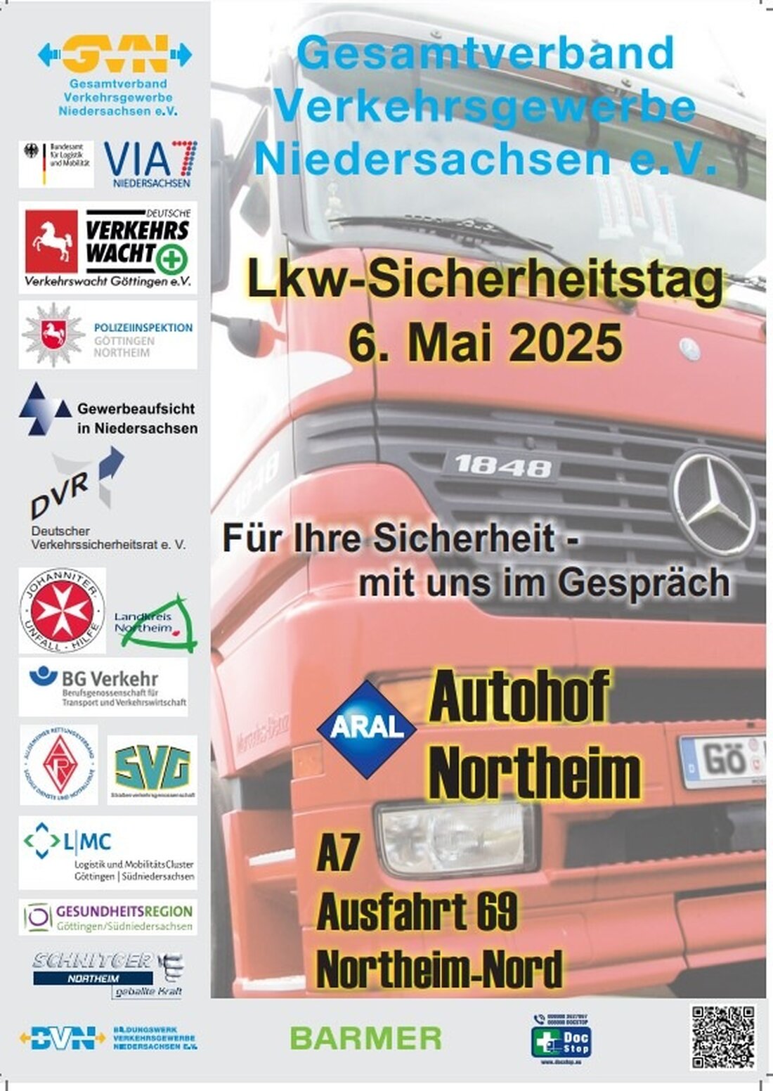Am 6. Mai 2025 informiert der LKW-Sicherheitstag auf dem Autohof Northeim von 10 bis 18 Uhr über Verkehrssicherheit und Prävention.
