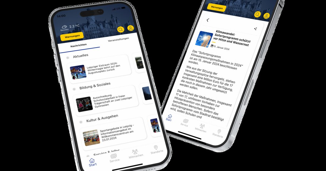 Die Stadt Leipzig bietet seit dem 23. Januar 2024 eine neue digitale Service-App für mobile Endgeräte an. Die „Leipzig App“ bündelt verschiedene städtische Dienstleistungen und Inhalte, darunter Nachrichten, Veranstaltungskalender, digitale Anträge, Terminbuchungen, Mängelmeldungen und eine Warnfunktion. Die App ist kostenlos auf den Plattformen für Android und iOS verfügbar und wird in den kommenden Monaten um weitere Funktionen erweitert. Die Leipzig App bietet verschiedene Hauptfunktionen, darunter aktuelle Nachrichten und Veranstaltungen, eine Warnfunktion mit Push-Benachrichtigungen, Services der Stadt Leipzig wie Terminbuchungen und digitale Anträge, Möglichkeiten zur Bürgerbeteiligung und Mängelmeldungen sowie eine integrierte Karte mit verschiedenen Standorten. Die App ist Teil der Digitalen …