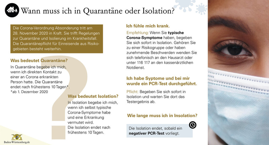 Mit der Trennung der Corona-Verordnung werden die Quarantäne- und Isolationsregeln für Baden-Württemberg standardisiert. Ab Samstag, 28. November 2020, gilt der neue in Baden-Württemberg Corona-Regulierungstrennung. Demnach müssen Personen, die mit dem SARS-CoV-2-Coronavirus infiziert sind oder infiziert sein könnten – dies sind vermutete Krankheiten, positiv getestete Personen und ihre Haushaltsmitglieder sowie die jeweiligen engen Ansprechpartner der Kategorie I – in Quarantäne gehen ihre Mitmenschen zu schützen. Sie sollten daher sofort und ohne Umwege nach Hause oder in eine andere geeignete Unterkunft gehen und dort nach Möglichkeit keine Besucher empfangen. Die Verordnung enthält einheitliche Regelungen für Baden-Württemberg, wonach die genannten Personen unverzüglich und …