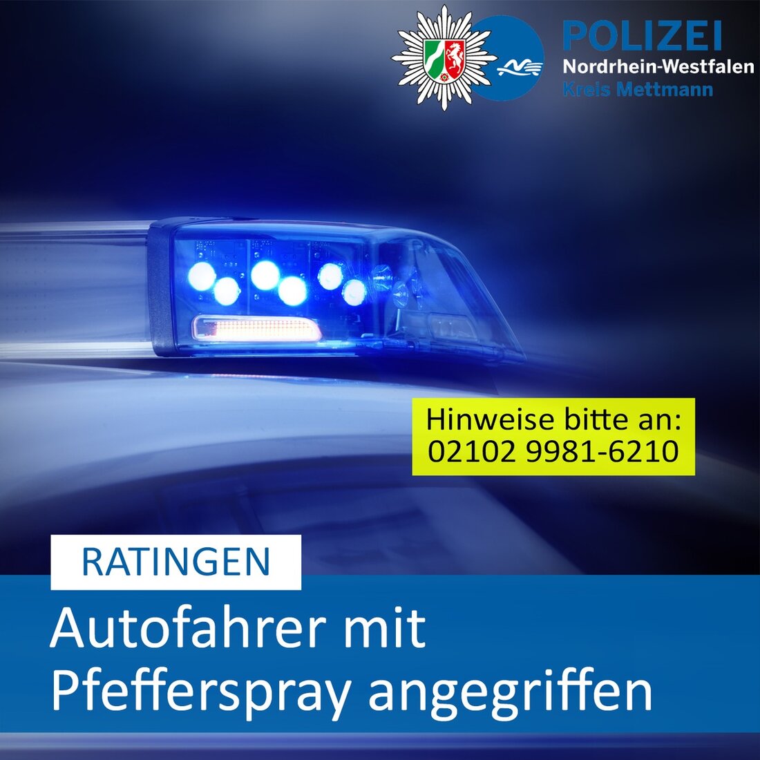 In Ratingen wurde ein 54-jähriger Autofahrer mit Pfefferspray angegriffen. Zeugen gesucht! Sachschaden: 1.200 Euro.