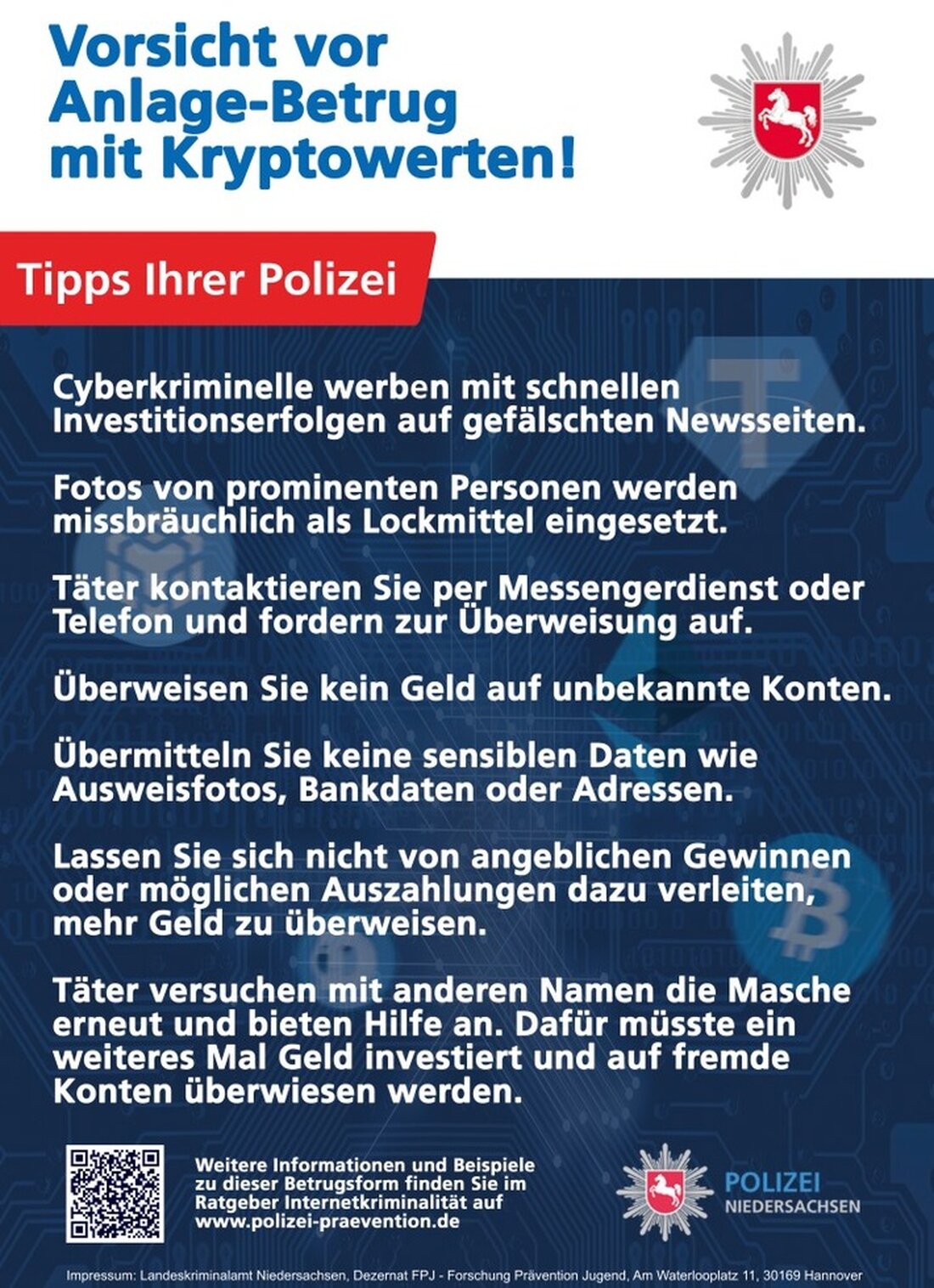 Die Polizei in Emsland und Grafschaft Bentheim warnt vor Betrug mit gefälschten Krypto-Anlageseiten. Schützen Sie sich!