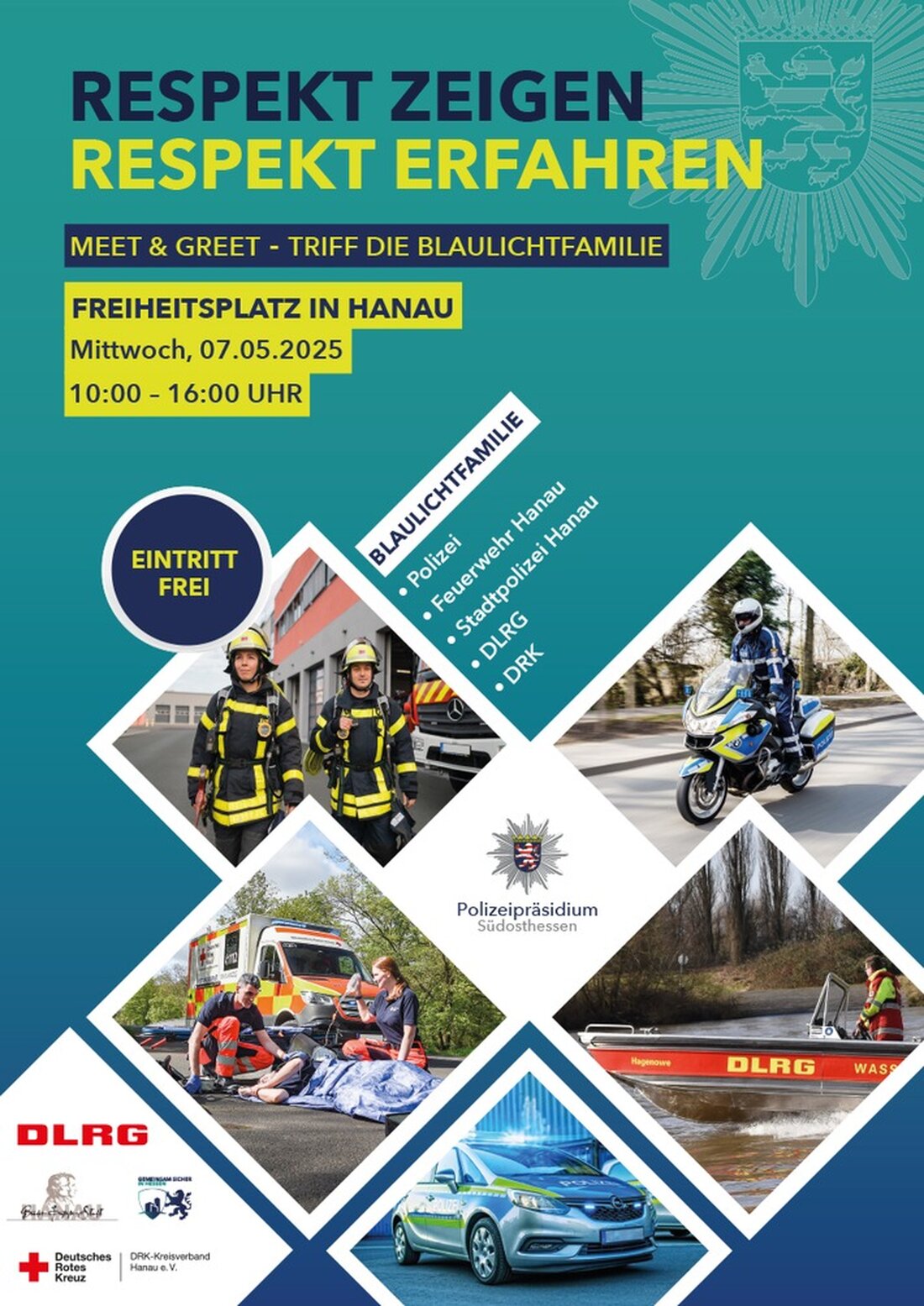 Erfahren Sie mehr über die Veranstaltung "Respekt zeigen - Respekt erfahren" am 7. Mai 2025 auf dem Hanauer Freiheitsplatz. Bürgerdialog mit Einsatzkräften.