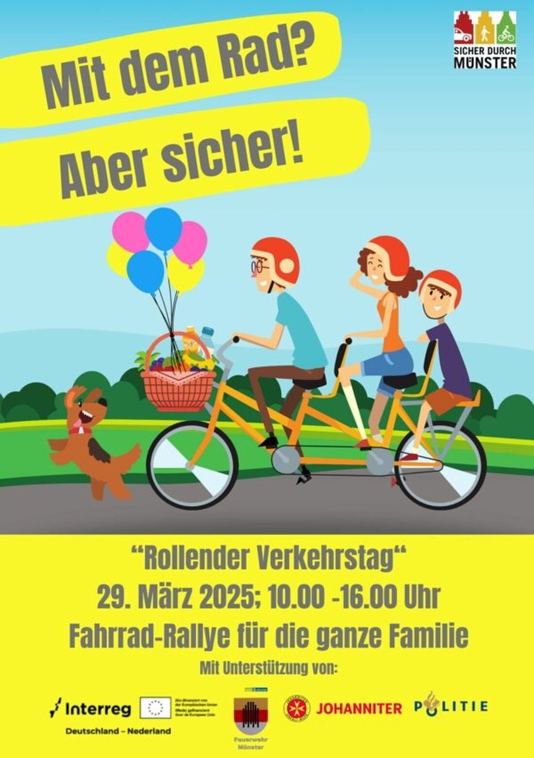 Am 29. März lädt die Ordnungspartnerschaft "Sicher durch Münster" zum 4. Rollenden Verkehrssicherheitstag. Familien können von 10 bis 16 Uhr an verschiedenen Stationen rund um Fahrrad- und Verkehrssicherheit teilnehmen.