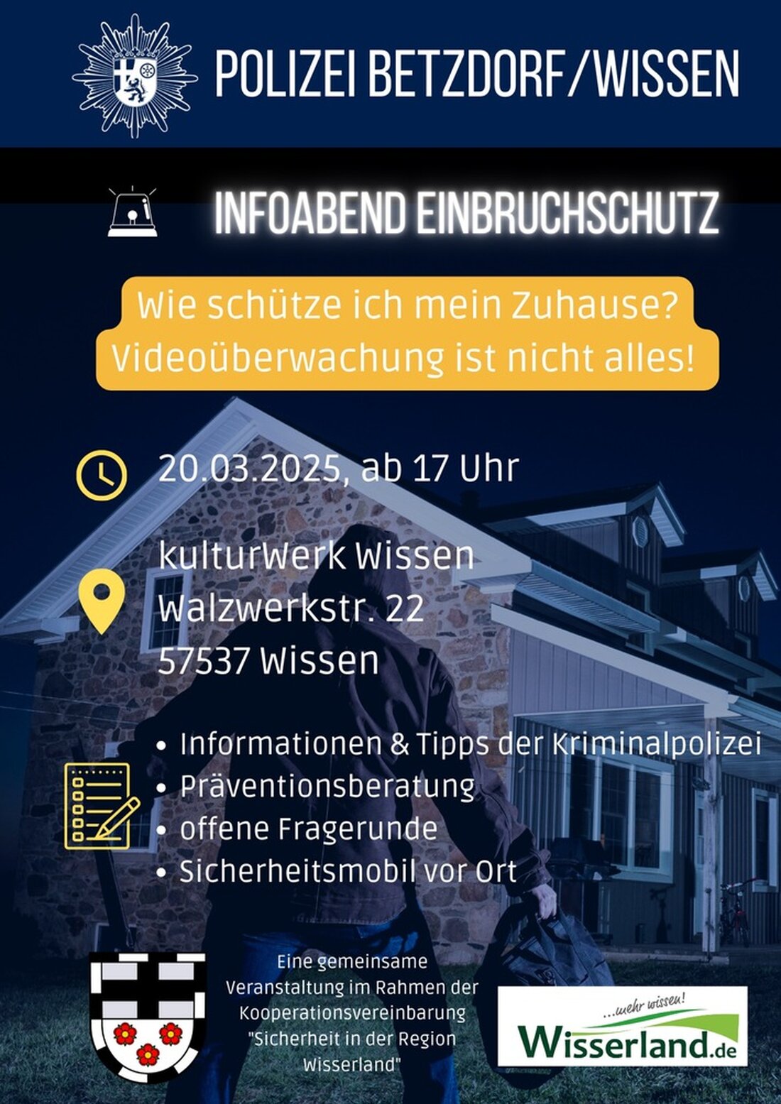 Am 20.03.2025 informiert die Polizei in Wissen über Einbruchschutz. Experten zeigen aktuelle Techniken zur Sicherheit.