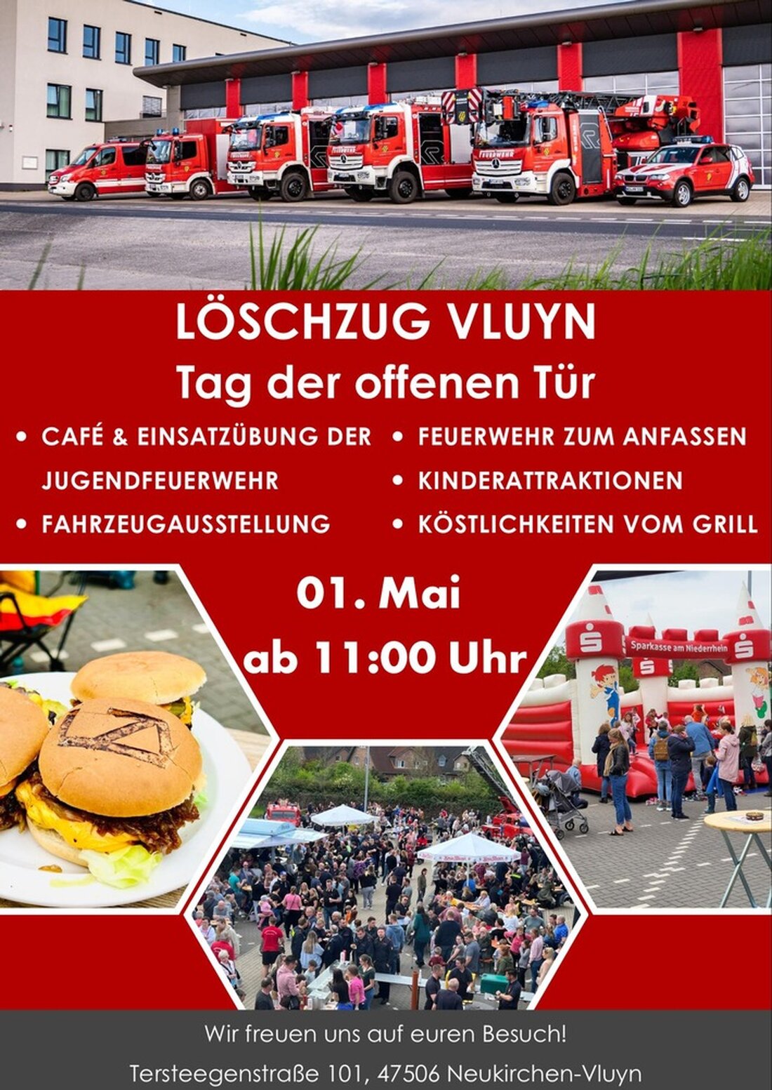 Am 1. Mai lädt der Löschzug Vluyn der Feuerwehr Neukirchen-Vluyn ab 11 Uhr zum Tag der offenen Tür mit Programm und Aktivitäten ein.