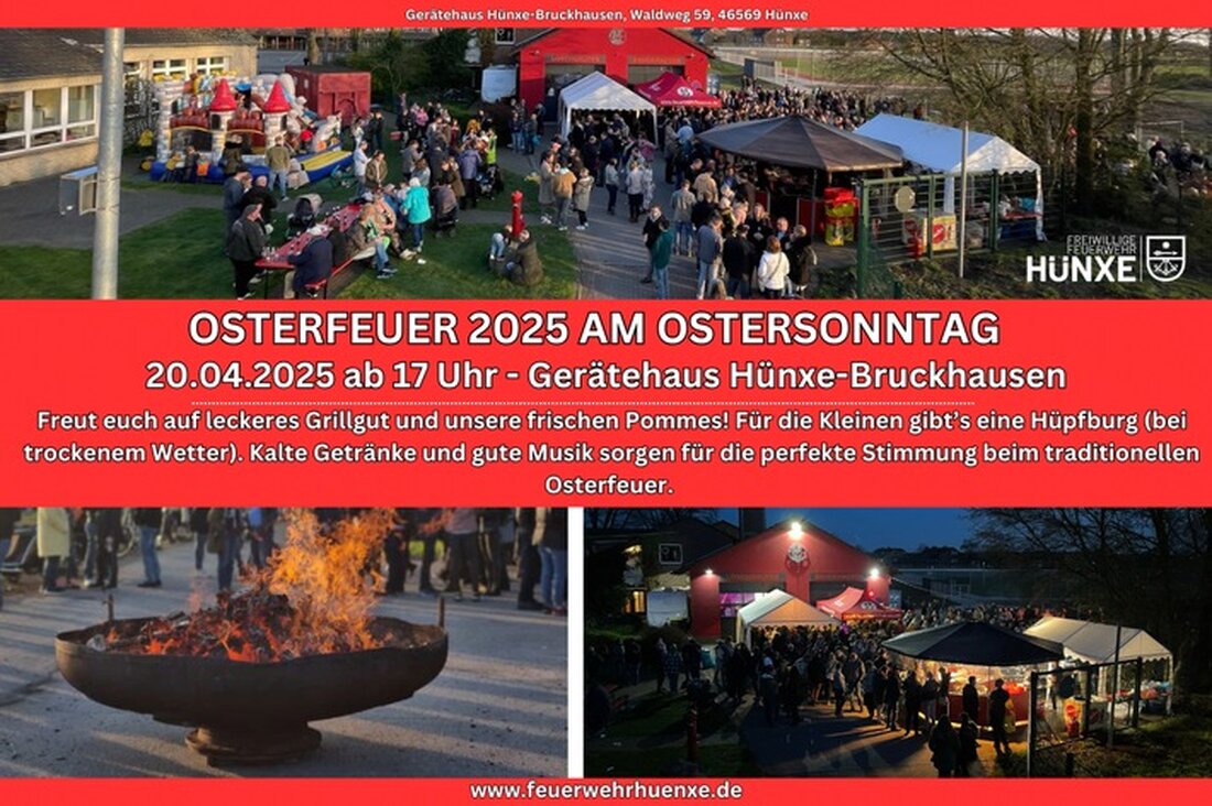 Am 20. April 2025 lädt die Freiwillige Feuerwehr Hünxe ab 17 Uhr zum Osterfeuer in Bruckhausen ein. Genießen Sie kulinarische Köstlichkeiten, Musik und Aktivitäten für Kinder.