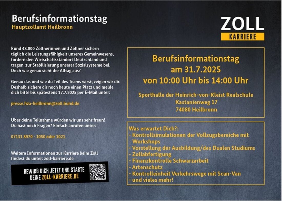Am 31. Juli 2025 lädt das Hauptzollamt Heilbronn zu einem Schnuppertag für Ausbildungsinteressierte ein. Anmeldung erforderlich.