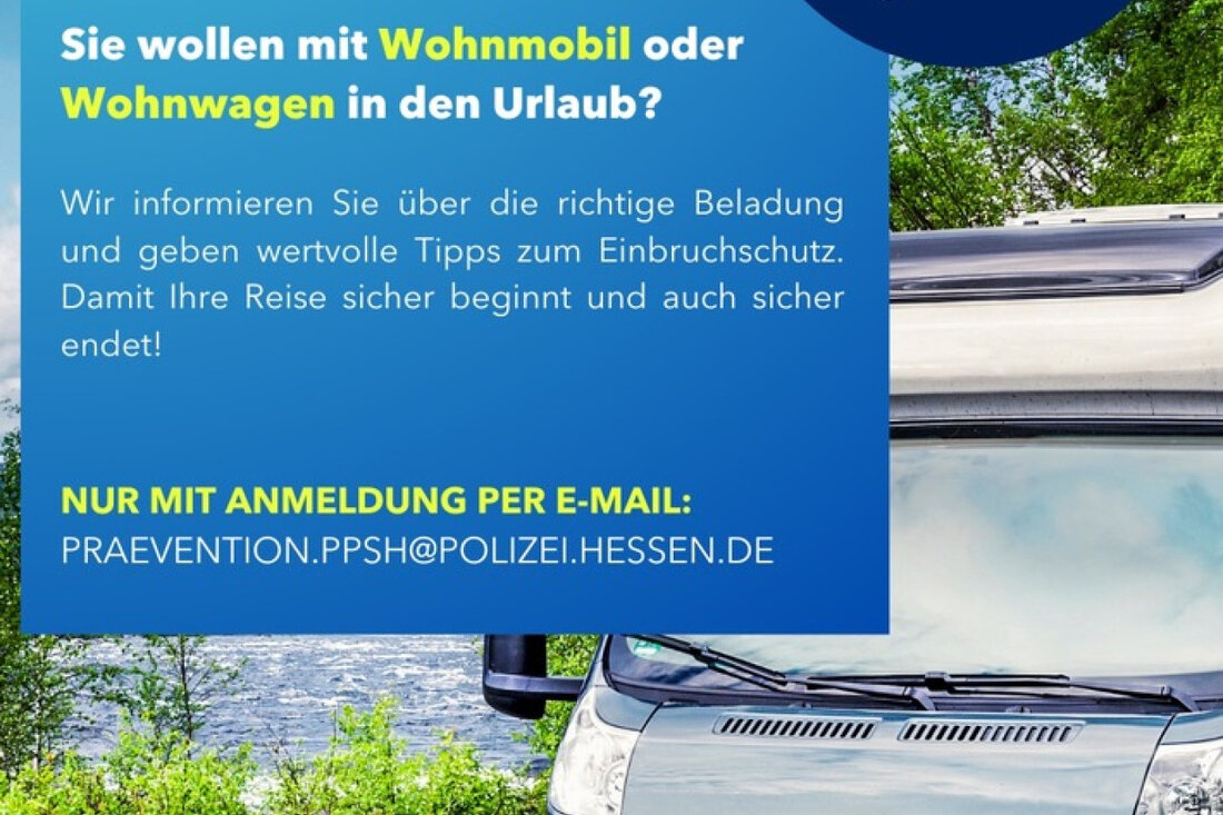 Das Polizeipräsidium Südhessen lädt am 30. Mai zum kostenlosen Urlaubscheck für Wohnmobile und Wohnwagen in Darmstadt ein. Anmeldungen sind noch möglich!